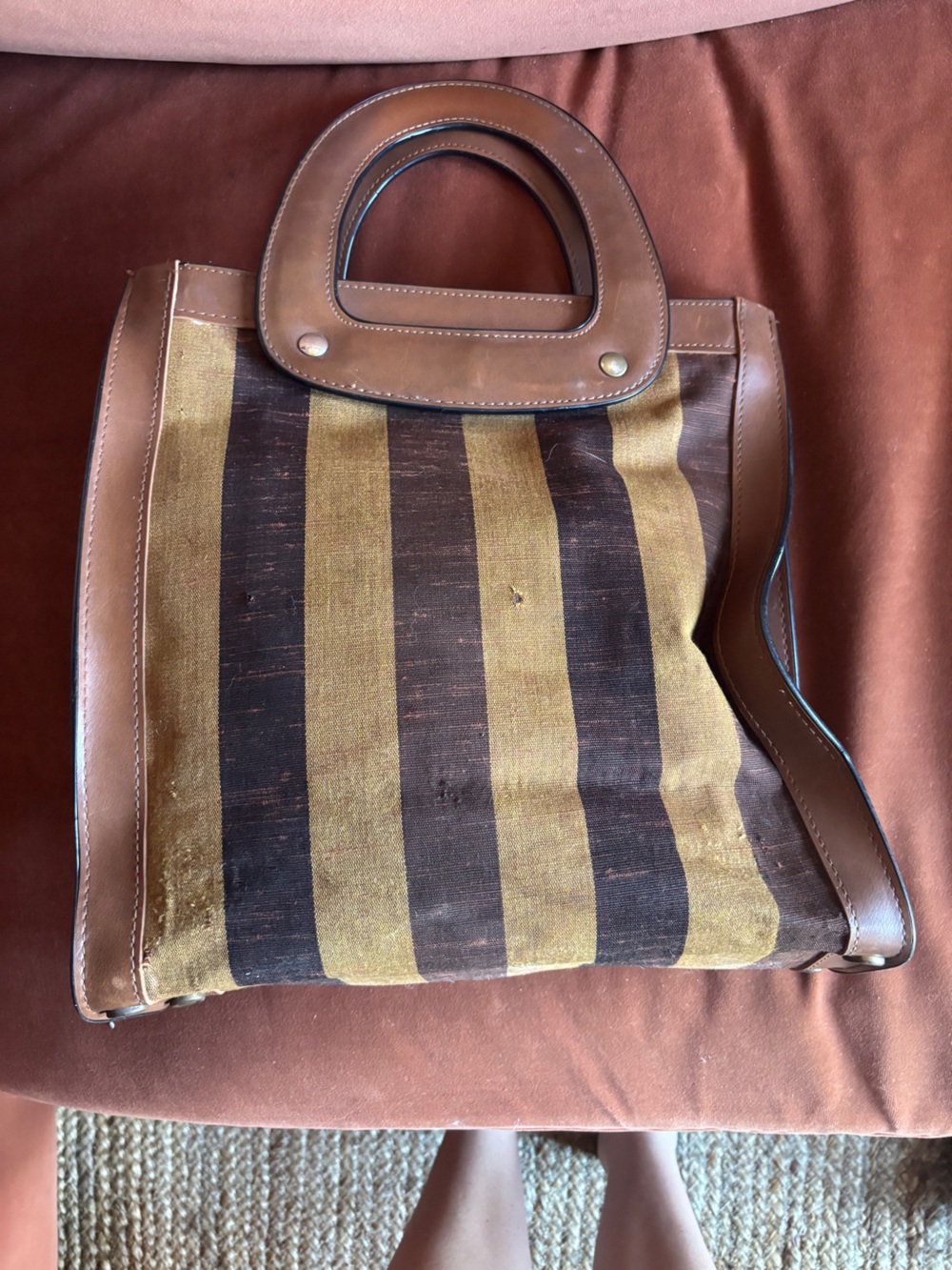 Vintage Brown & Gold Striped Canvas Tote Bag